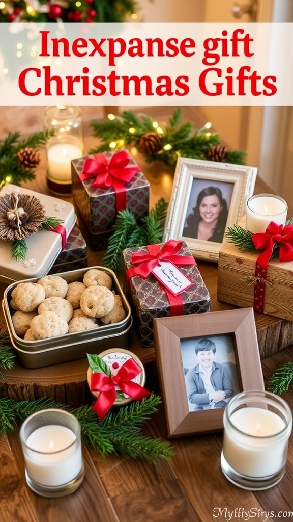 A collection of budget-friendly Christmas gifts including cookies, photo frames, and candles on a decorated table.